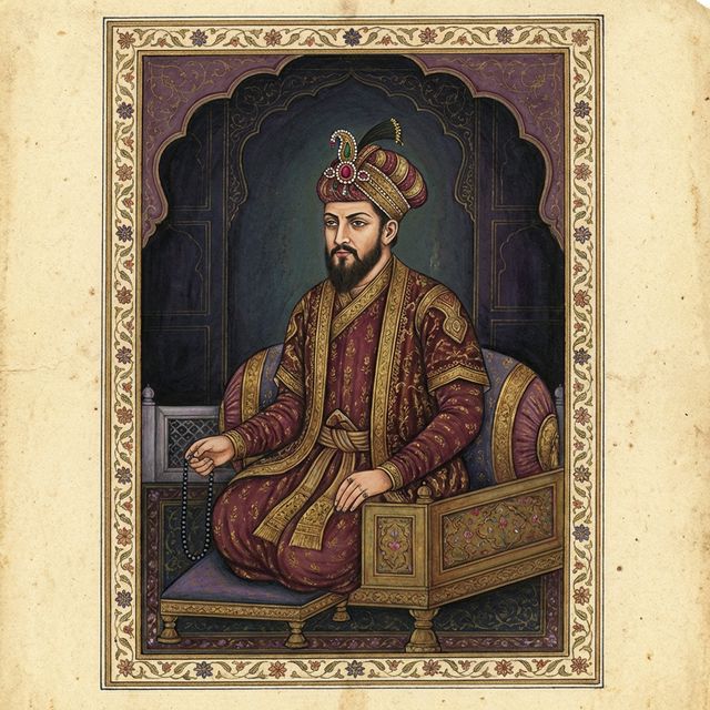 Historical portrait painting of Mughal Emperor Aurangzeb Alamgir in traditional Mughal royal attire, holding prayer beads, stern expression, detailed turban with jeweled ornament, Mughal miniature painting style