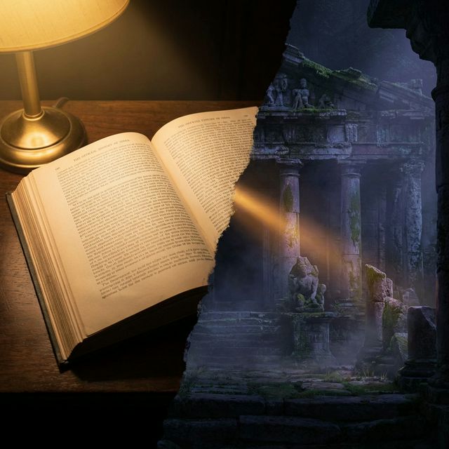 Dark atmospheric scene representing cultural destruction — musical instruments broken, manuscripts burning, art suppressed, deep indigo tones