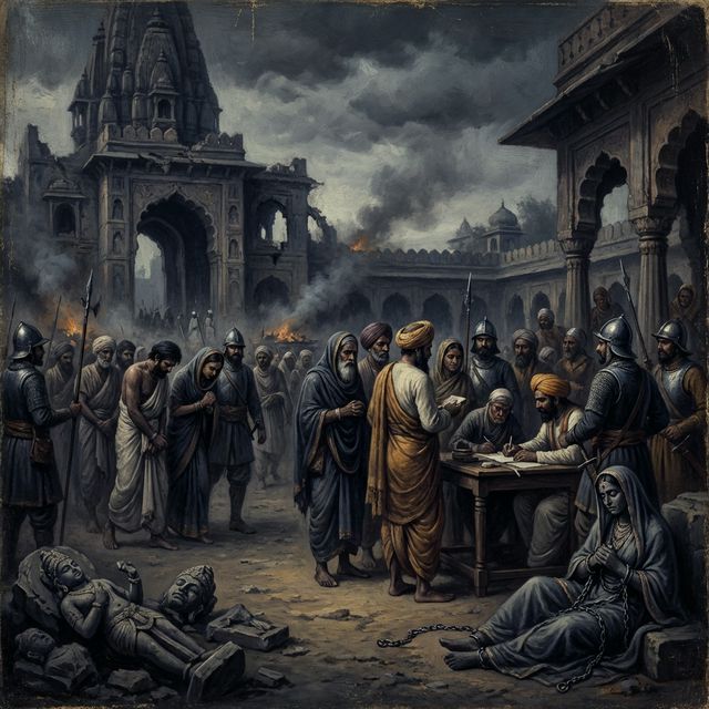 Dark dramatic painting depicting religious persecution in Mughal India — Hindu families being taxed, broken temple idols, forced conversions