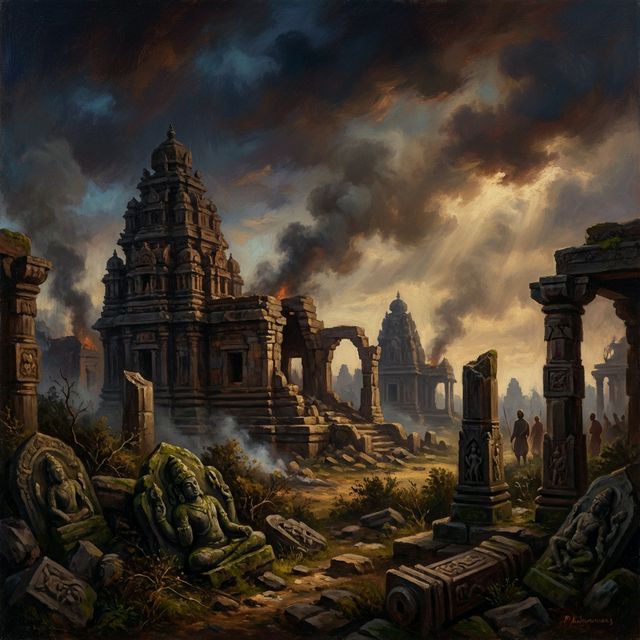 Dramatic painting of ancient Indian Hindu temples in ruins during the Mughal era — crumbling carved stone pillars and ornate walls, smoke rising, deep indigo and amber atmospheric sky, representing the devastation of sacred heritage during Aurangzeb's 49-year reign